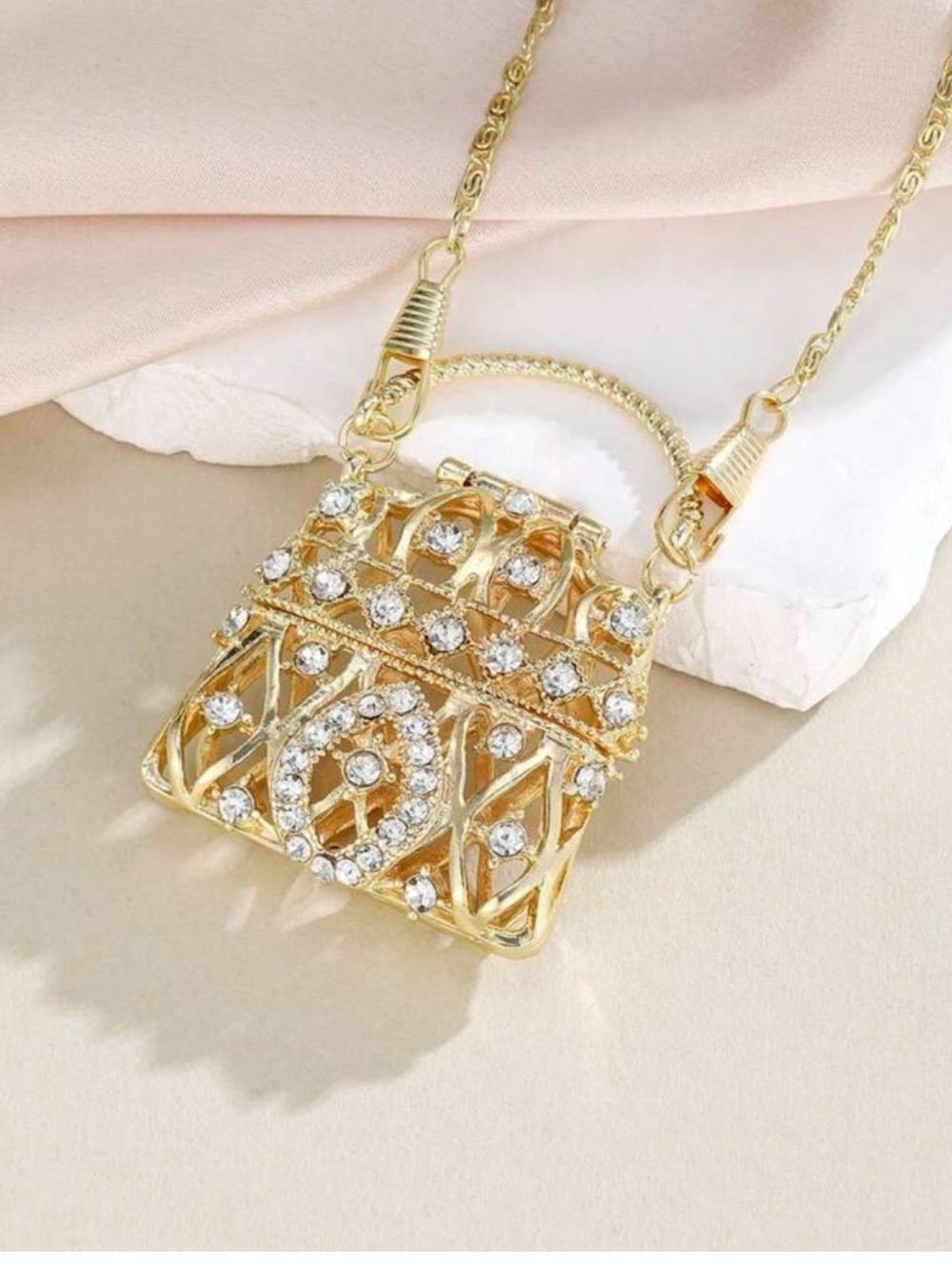 Gilded Crystal Miniature Handbag Pendant Necklace